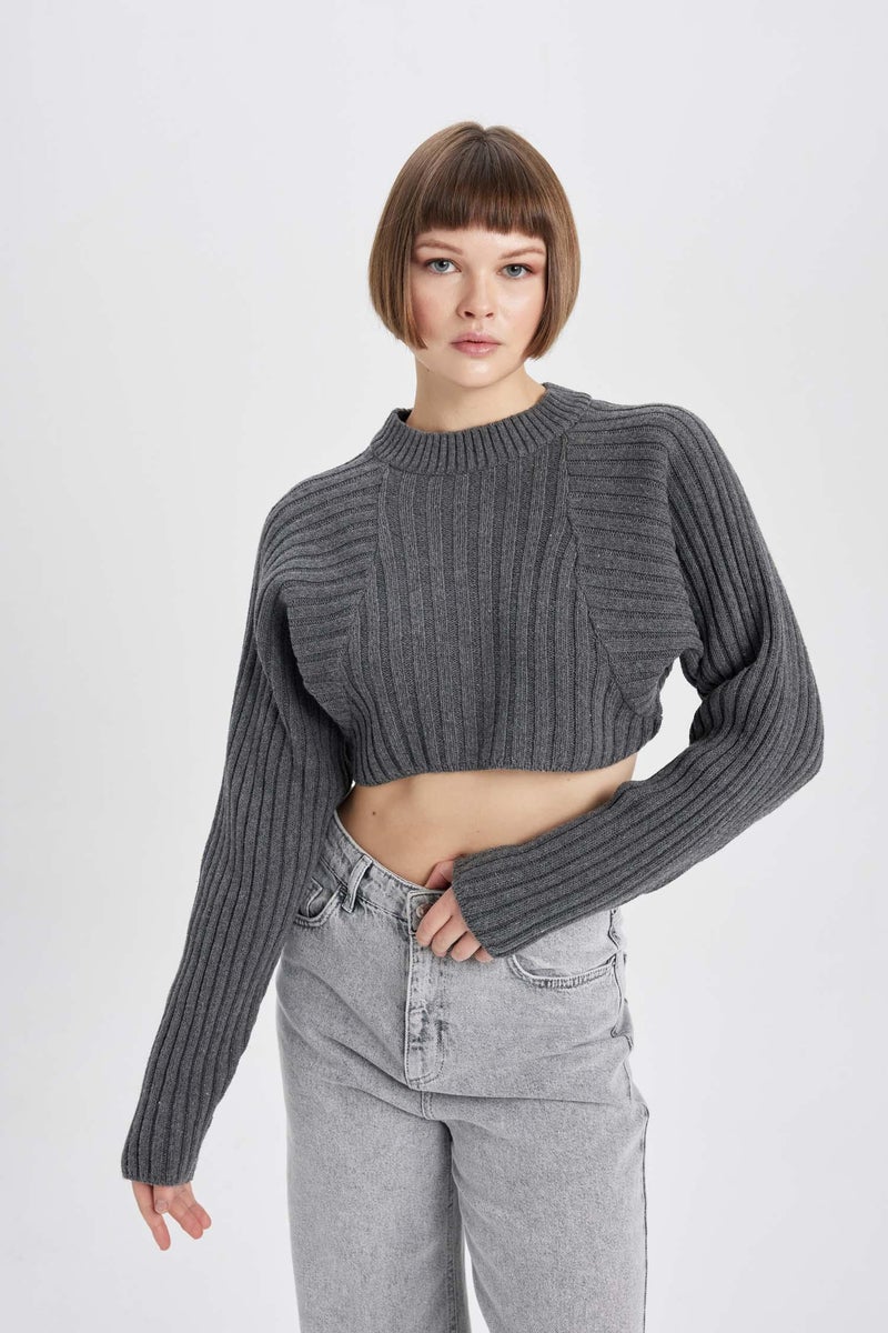 DeFacto Grey Woman Crew Neck Crop Pullover Casual - Image 5